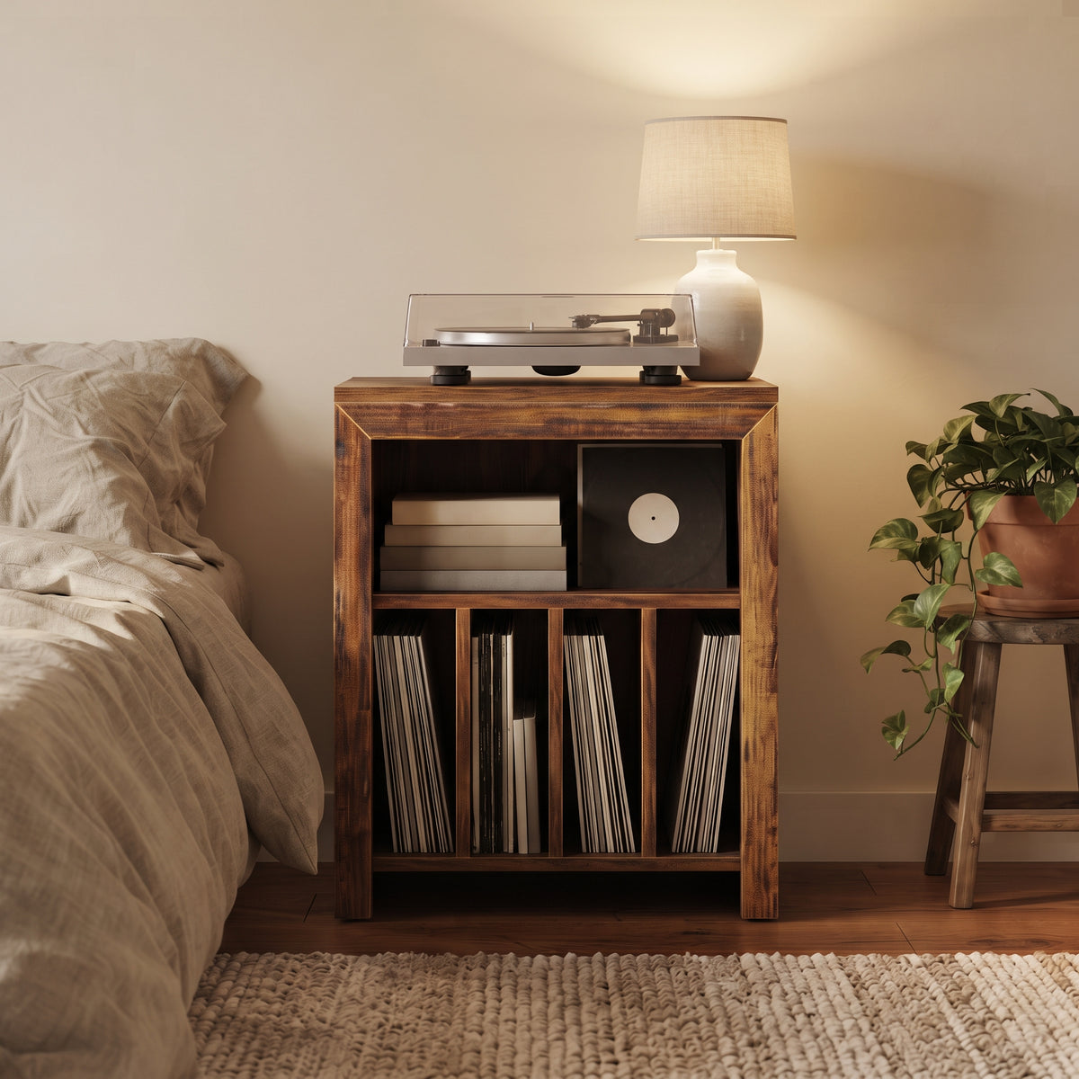 Meuble platine vinyle bois rustique dans un salon chaleureux, à côté d'un canapé