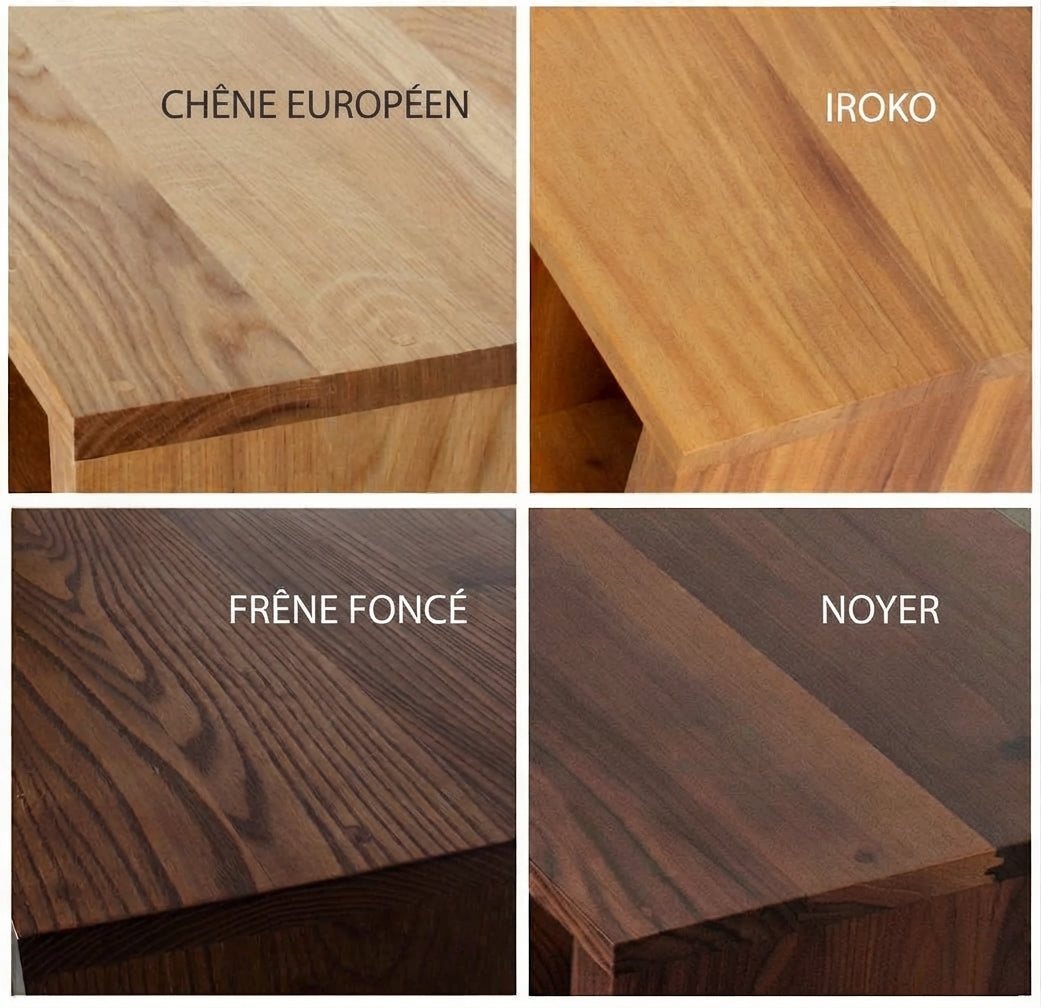 Essences de bois : chêne européen, iroko, frêne foncé, noyer
