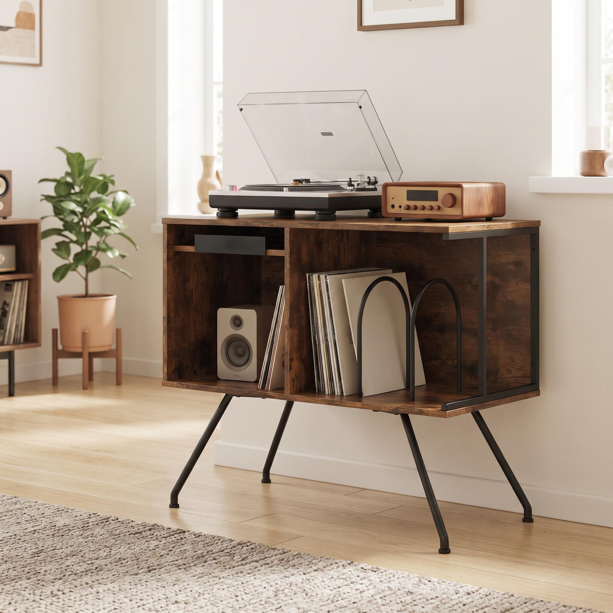 Meuble platine vinyle industriel en bois rustique dans un salon lumineux, avec platine et vinyles rangés