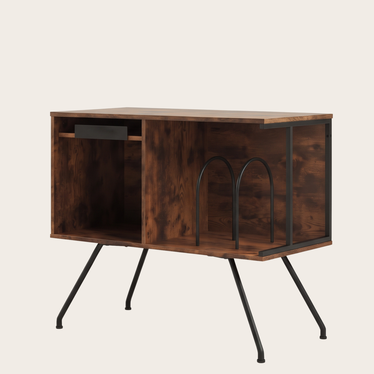 Meuble platine vinyle bois rustique, compartiment gauche ouvert avec tiroir plat