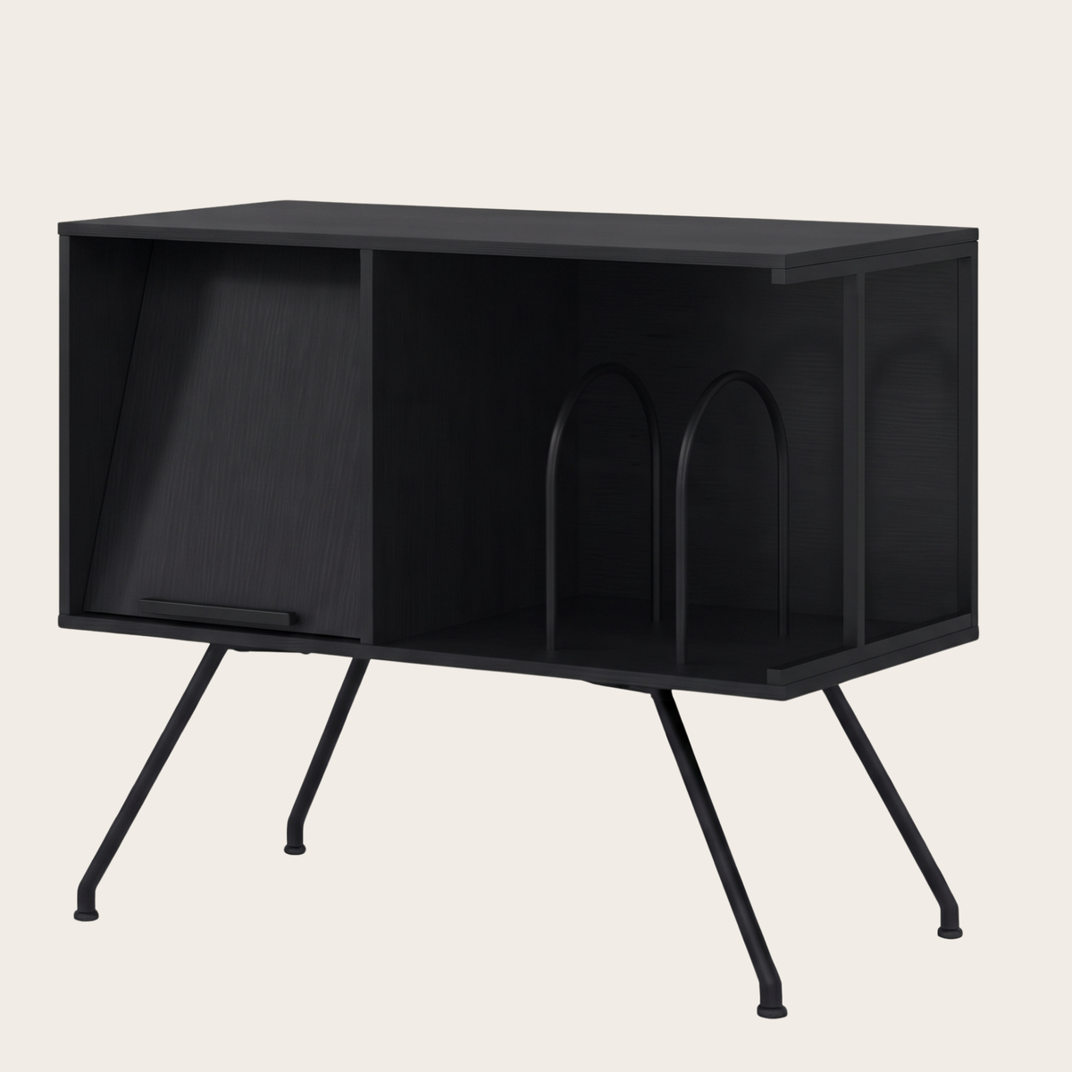 Meuble platine vinyle noir, façade basculante fermée et arches en métal