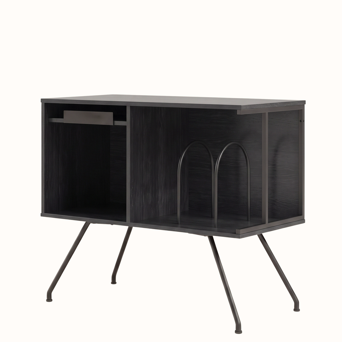 Meuble platine vinyle noir, compartiment gauche ouvert avec tiroir plat