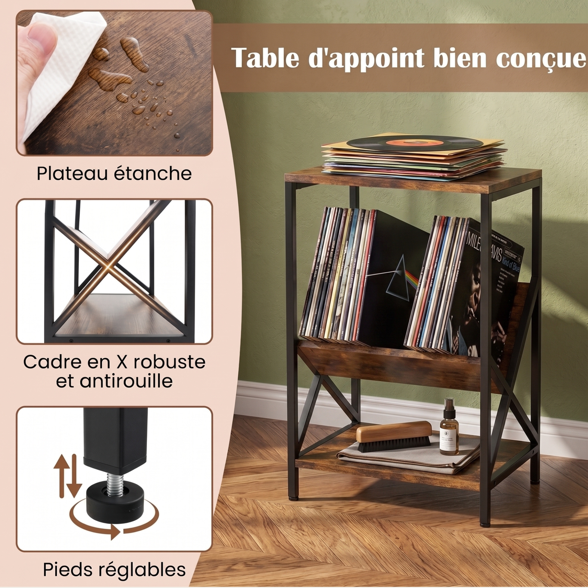 Table d'Appoint 3 Niveaux - Étagère Inclinée