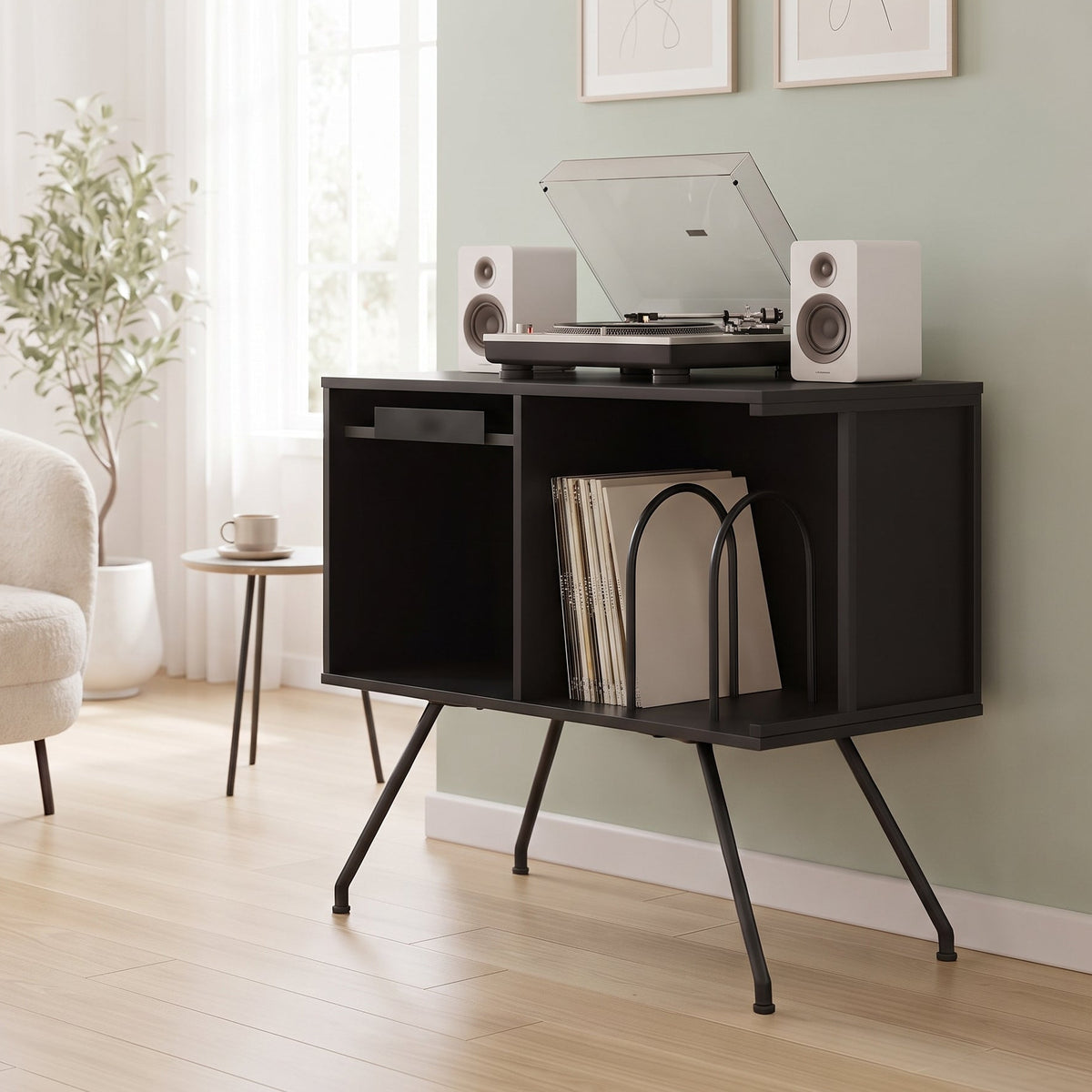 Meuble vinyle noir et métal dans une pièce de vie, avec plante et vinyles