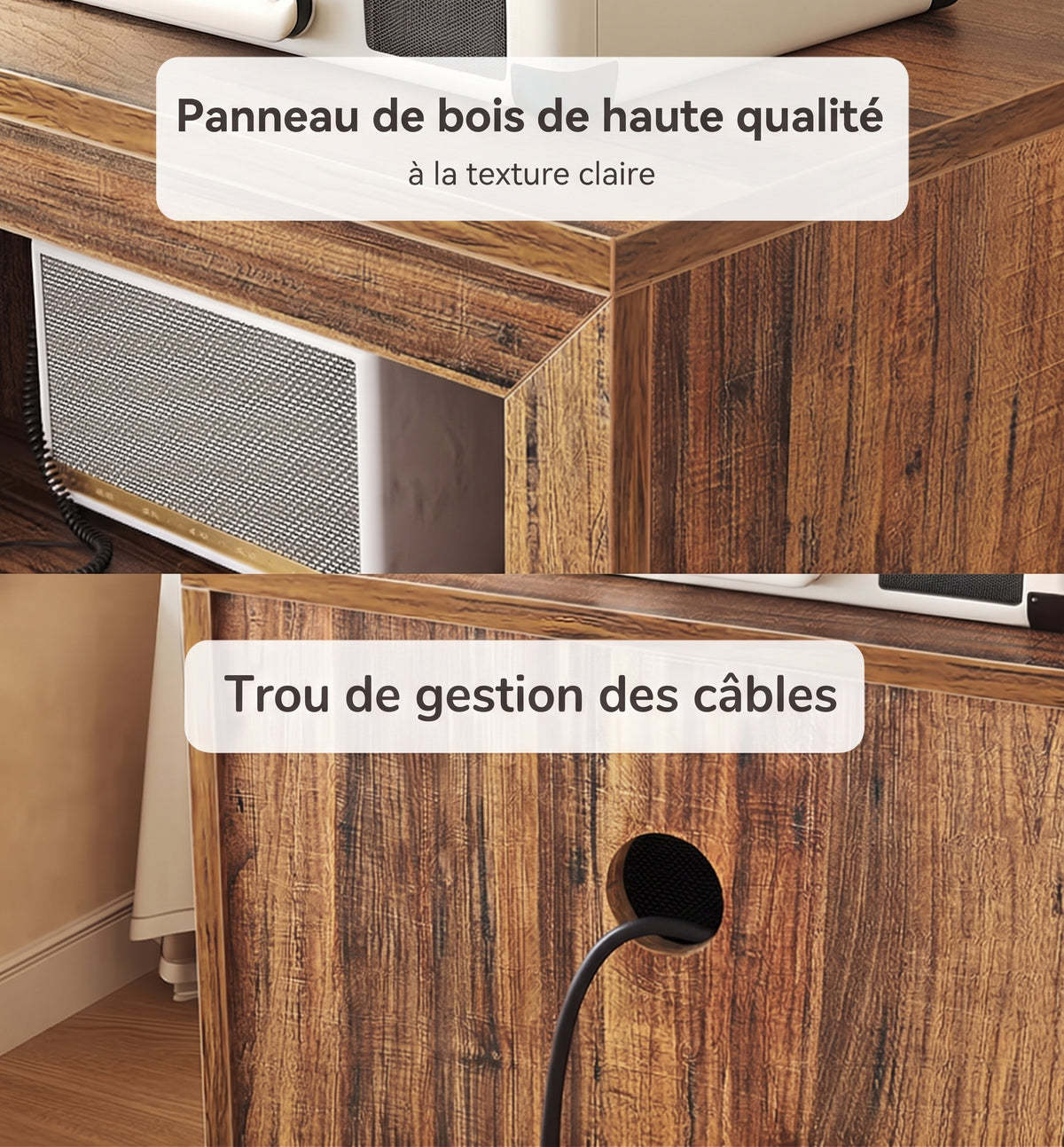 Détail du meuble platine vinyle : panneau aspect bois et passe-câble à l'arrière
