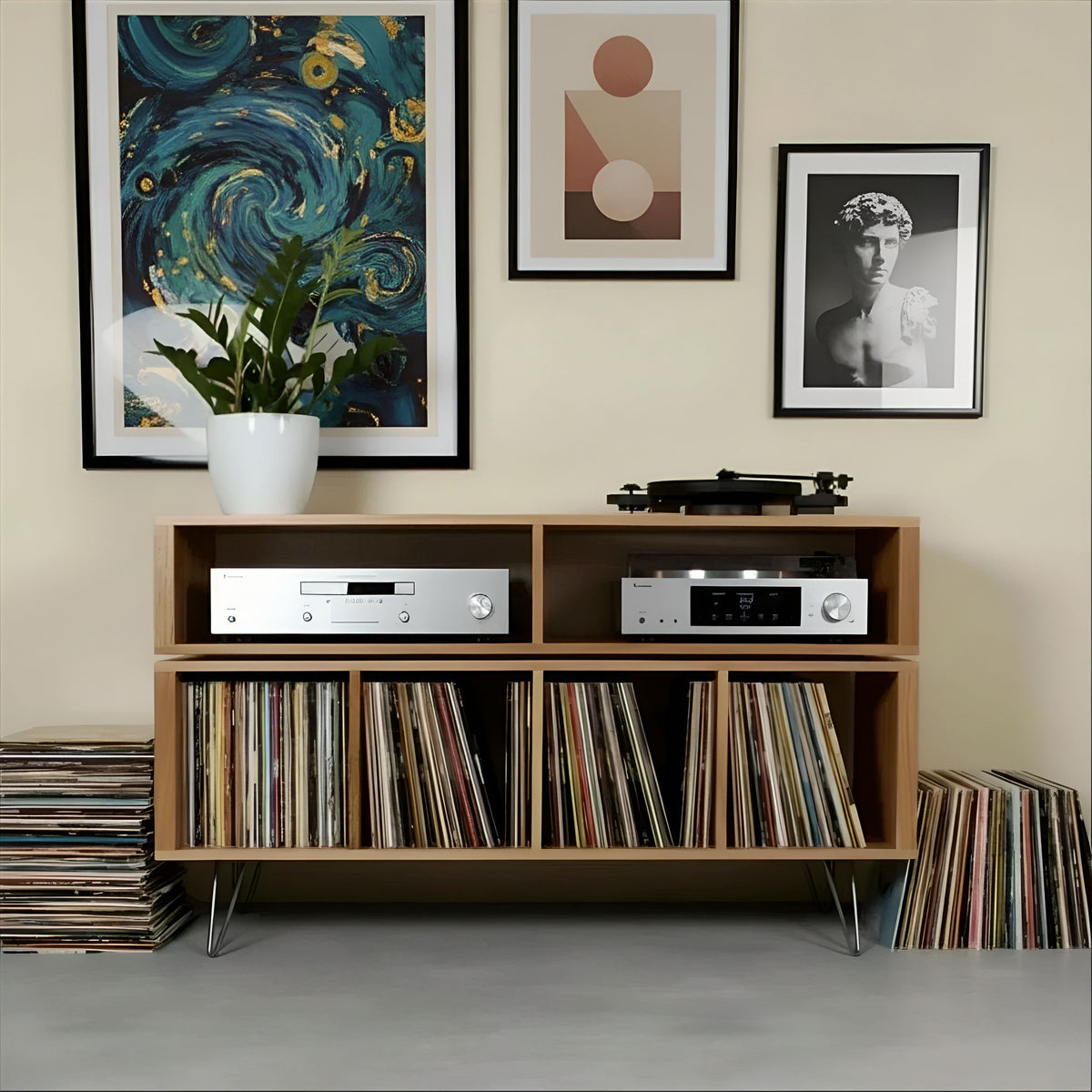 Meuble Platine Vinyles Technic - Bois Massif, Pieds Épingle