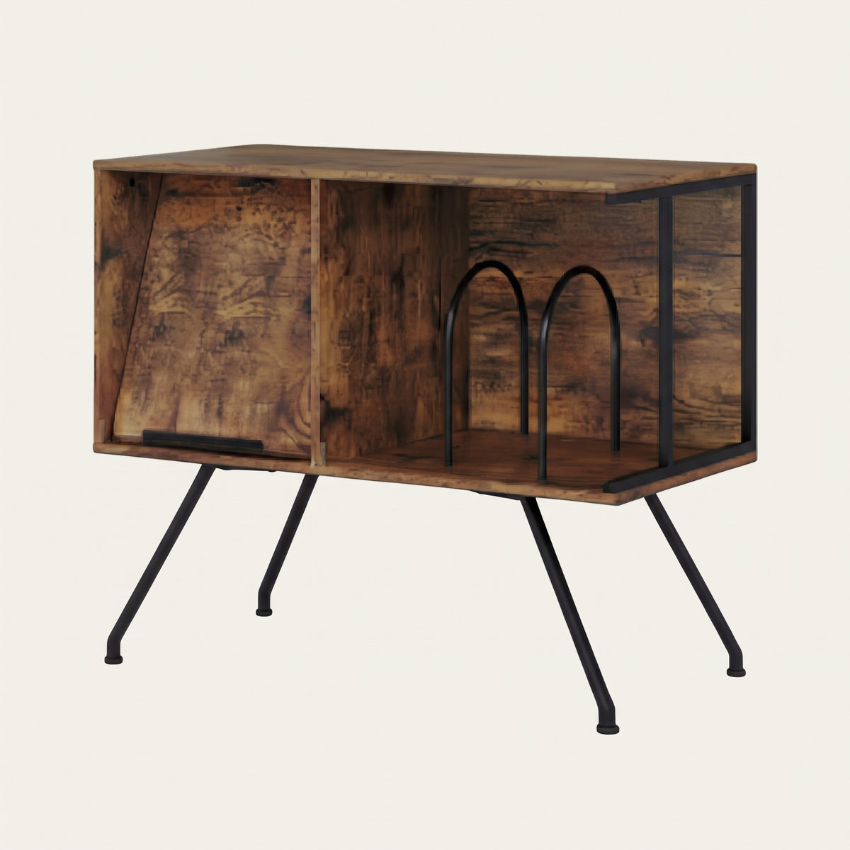 Meuble platine vinyle bois rustique, façade basculante fermée et arches en métal noir