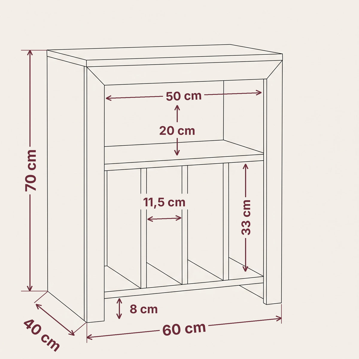 Schéma des dimensions du meuble platine vinyle : 60 × 40 × 70 cm, niche de 50 cm et compartiments de 33 cm de haut