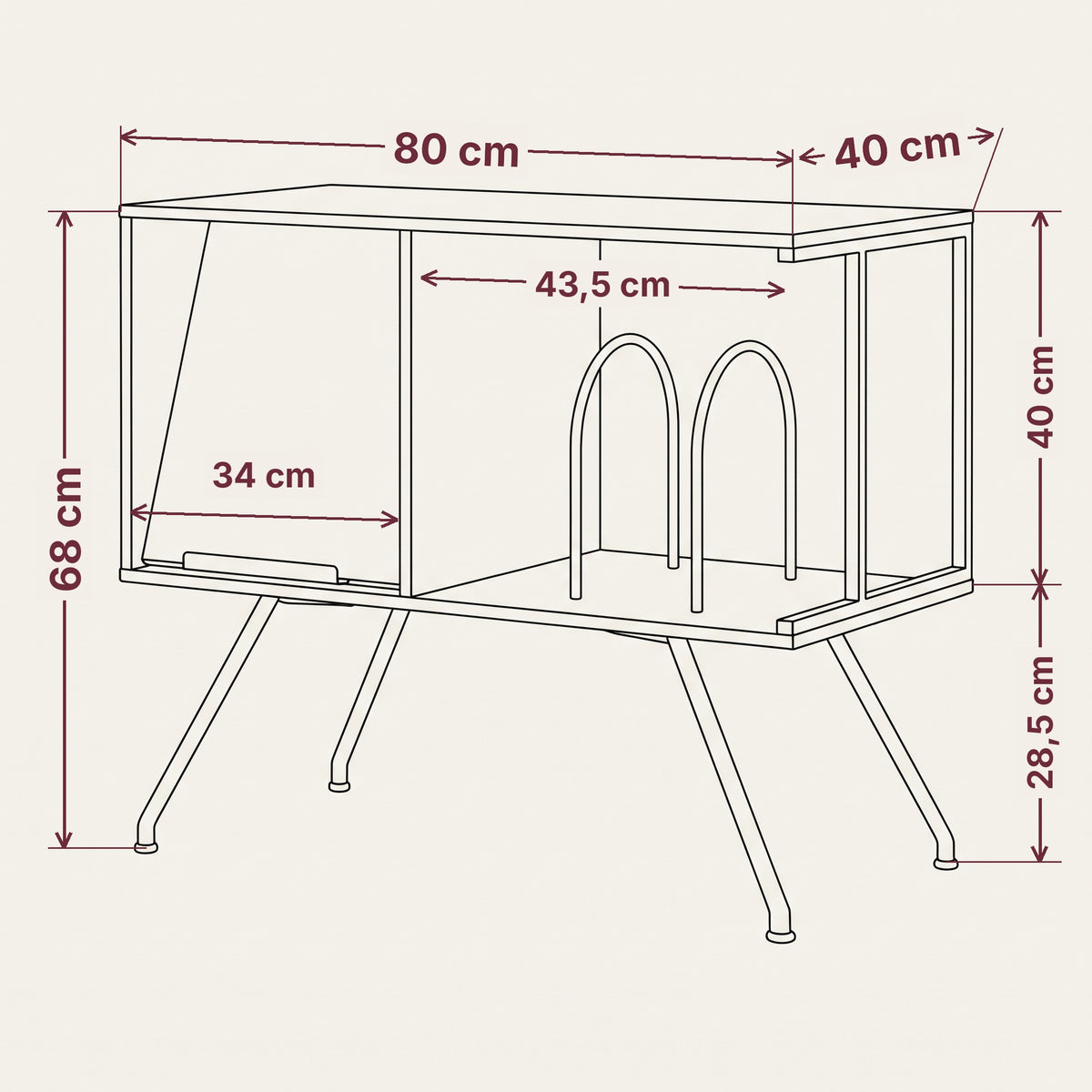 Schéma des dimensions du meuble platine vinyle industriel : 80 × 40 × 68 cm